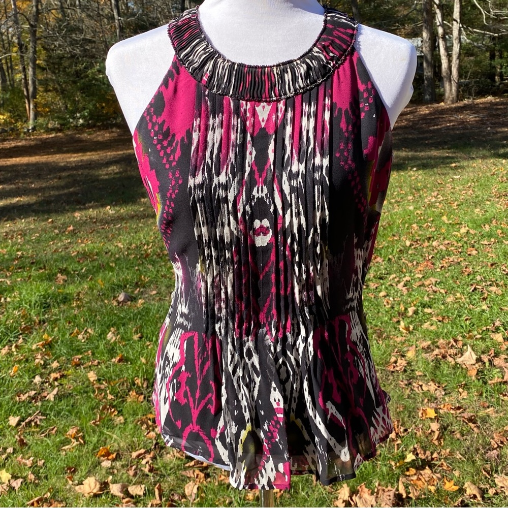 ETCETERA TOP BLOUSE BLACK WHITE PINK SLEEVELESS SILK YOKE PINTUCK PLEATS SIZE 2